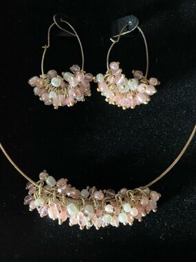 Delicate Pink Beaded Necklace and Hoop Earrings Set - Women Jewelry
